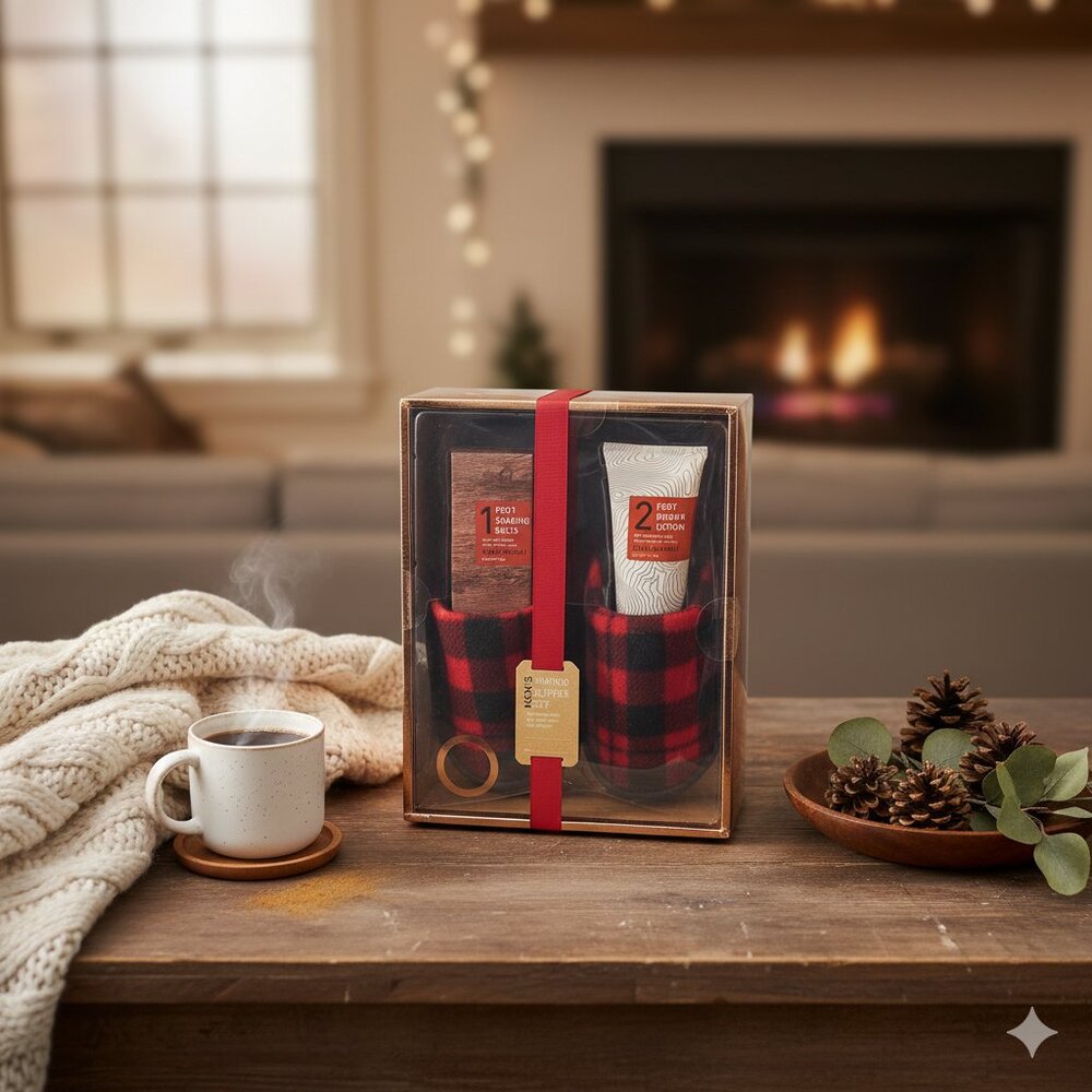 NWT Men’s Slipper Gift Set | Buffalo Plaid & Spa Essentials | Gift Ready